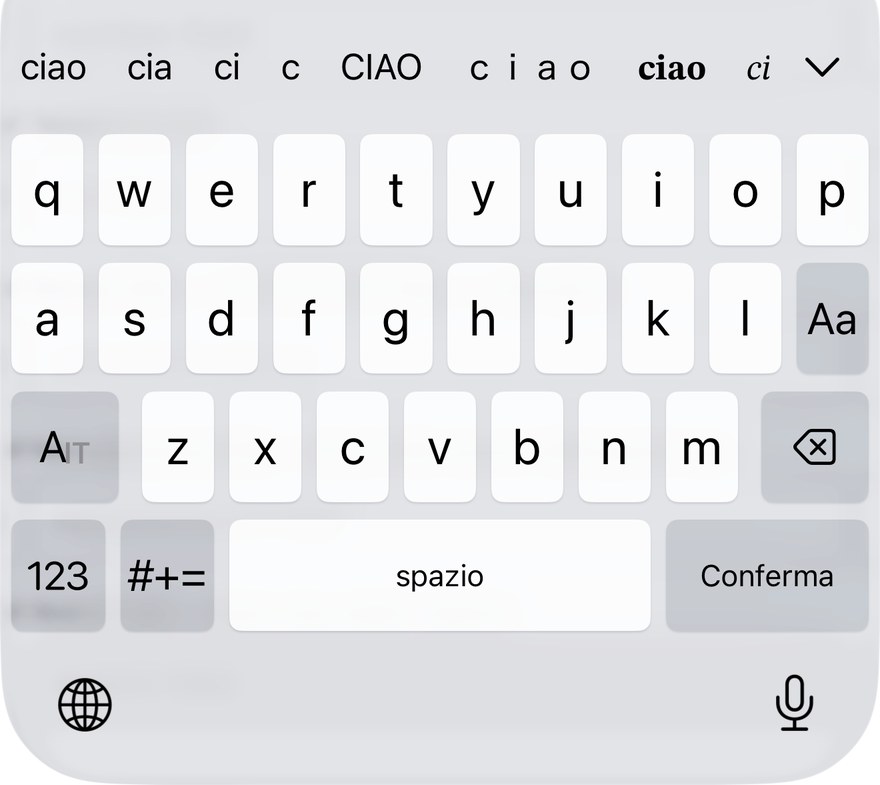 The suggestion bar showing Italian candidates for “ciao”